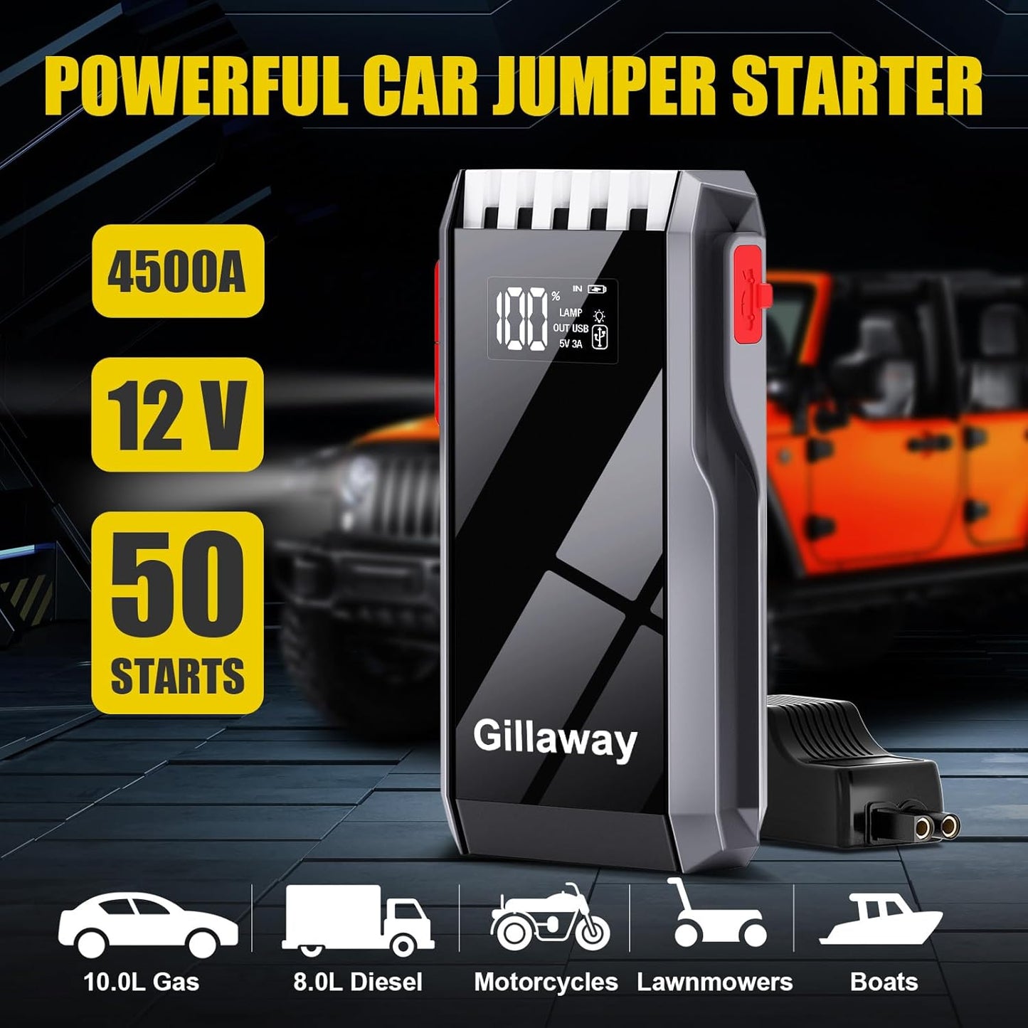 Jump Starter Battery Pack, 4500A Peak Car Battery Charger Jump Starter for Up to 10.0L Gas or 8.0L Diesel Engine,12V Car Jumper Starter Portable with Full LCD Screen (4500A)