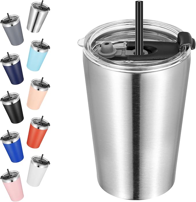 VEGOND 12oz Tumbler Stainless Steel Tumbler bulk Vacuum Insulated Double Wall Travel Tumbler with Lid and Straw Reusable Tumbler, Stainless 1 Pack