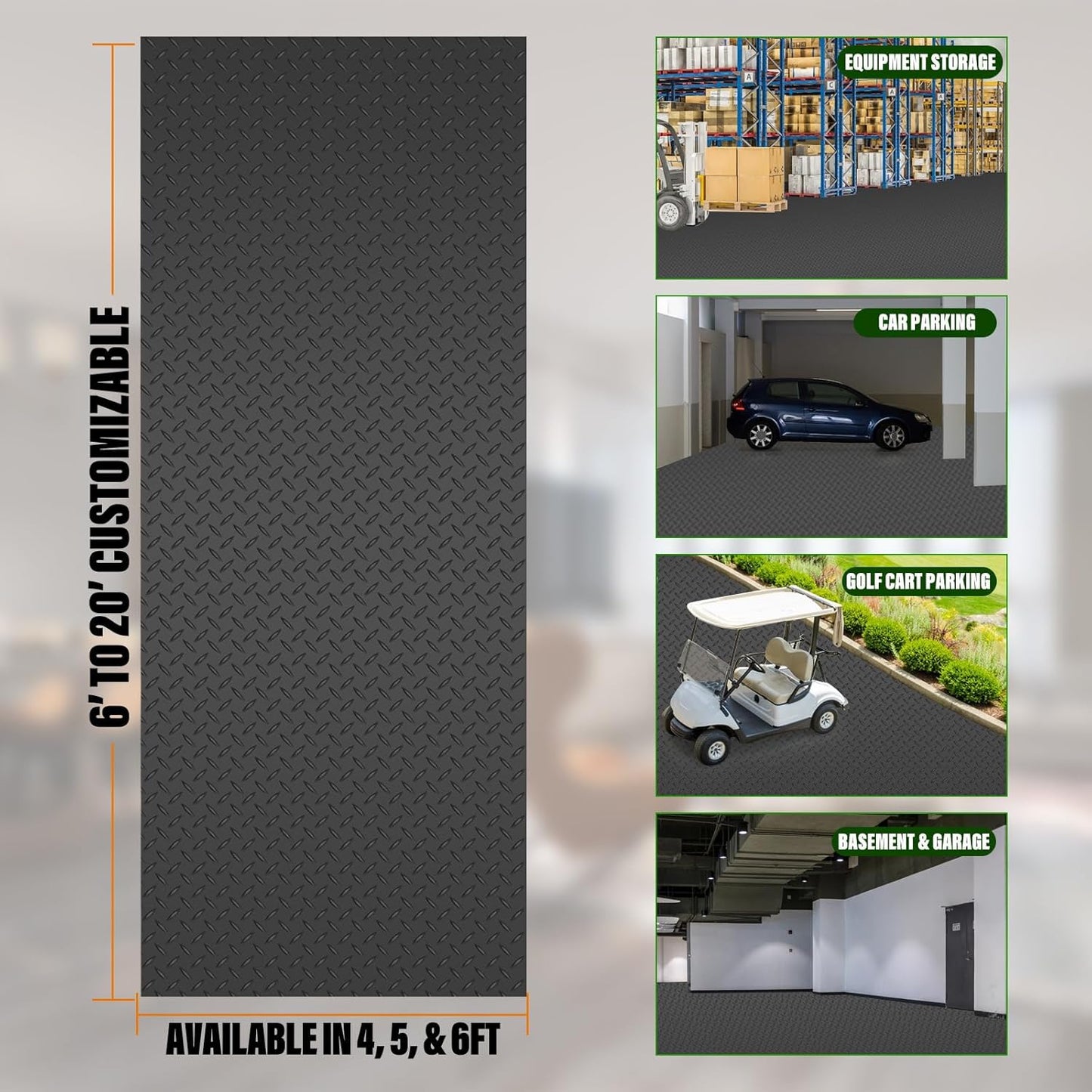 SEAL 4 x 15 Ft Premium Garage Floor Mat, Solid 2.8mm Thickened Black Commercial Grade Heavy Duty Parking Mat for Garage Floor, Golf Cart, Water/Stain Resistant Floor Runner (Embossed Diamond Plate)