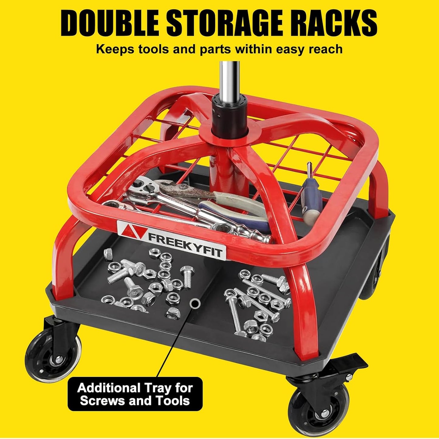 Rolling Shop Stool with Wheels, Garage Work Mechanic Stool with Backrest, Roller Mechanic Chair, Adjustable Height, 360° Swivel, Tool Tray Storage, 330 LBS Capacity, Heavy Duty, Red