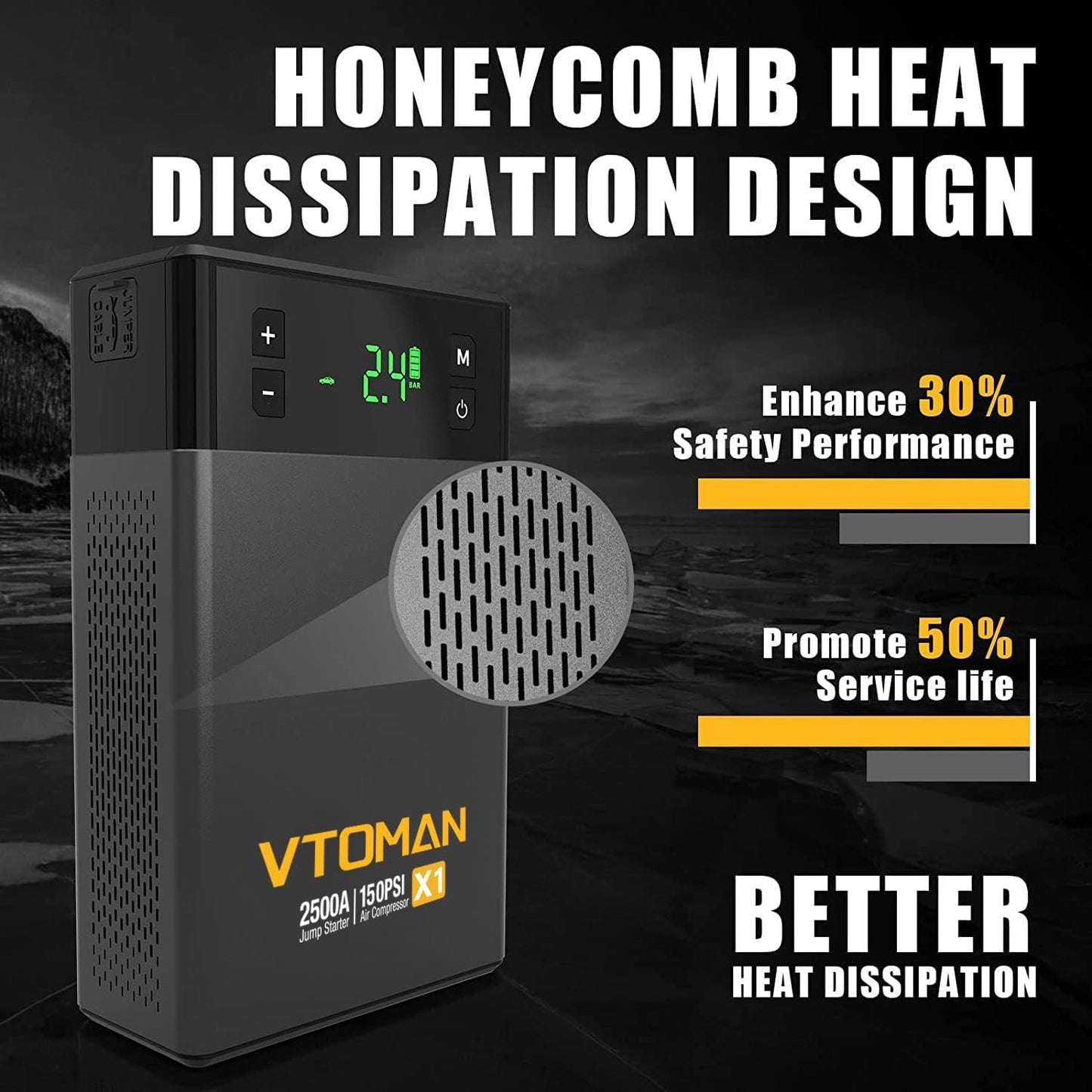 VTOMAN X1 Jump Starter with Air Compressor, Car Battery Jumper Starter (2500A, Up to 8.5L Gas/6L Diesel Engine) with 150PSI Auto Tire Inflator, 12V Portable Booster Pack, Lithium Jump Box Charger-Gray