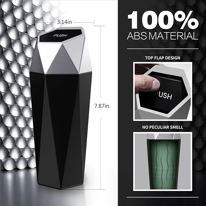 Car Trash Can with Lid,Portable Vehicle Auto Car Garbage Can,Diamond Design Mini Garbage Bin for Automotive Car, Home, Office, Kitchen, Bedroom(2 Packs,Silver)