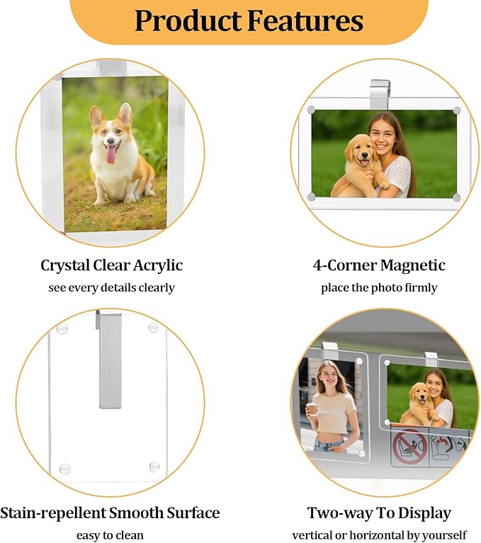4 Pcs Car Picture Holder,Acrylic Magnetic Personalized Photo Holder,Personalized Picture Frame for Cars, Photo Car Visor Clip,Car Sun Visor Photo Holder