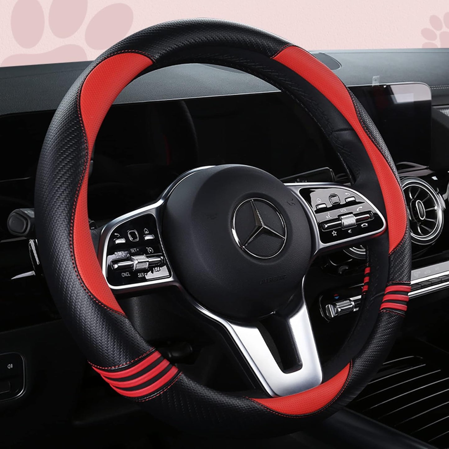 Car Steering Wheel Covers for Women Padded Carbon Fiber PU Leather Cute Auto Interior Accessories for Vehicle, Sedan, Universal, Anti Slip, Red, Standard Size 14.5-15"(37-38cm)