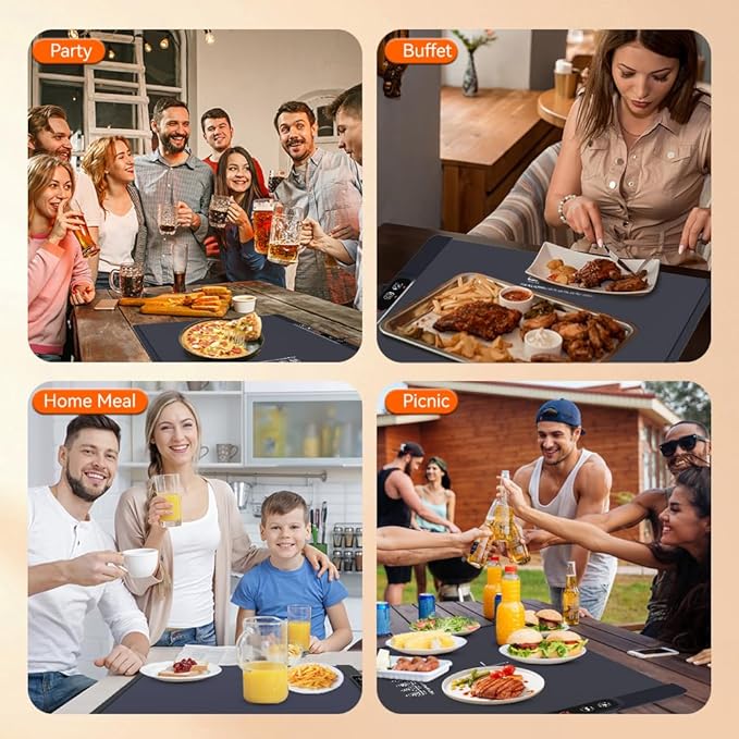 Electric Warming Tray, Fast Full Surface Heating Food Warming Mat, Portable Silicone Warmer with 5 Adjustable Temperature & Auto Shut-Off, Foldable Food Warmer for Parties, Gatherings, Daily Use