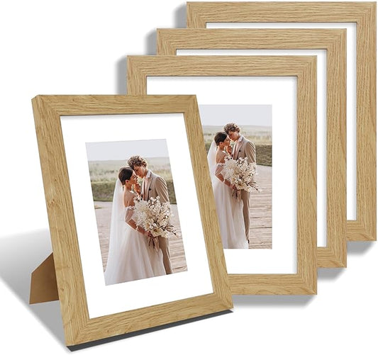 8x10 Picture Frame Set of 4, Made of Real Glass and Natural Oak Wooden Frame, 8 by 10 Photo for Wall or Tabletop - Display Picture 5x7 with Mat or 8x10 Without Mat