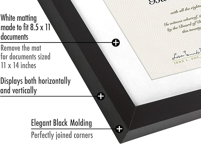 Americanflat 11x14 Black Diploma Frame - Displays 8.5x11 with Mat or 11x14 Inch Without Mat - Shatter-Resistant Glass - Hanging Hardware Included (2-Pack)