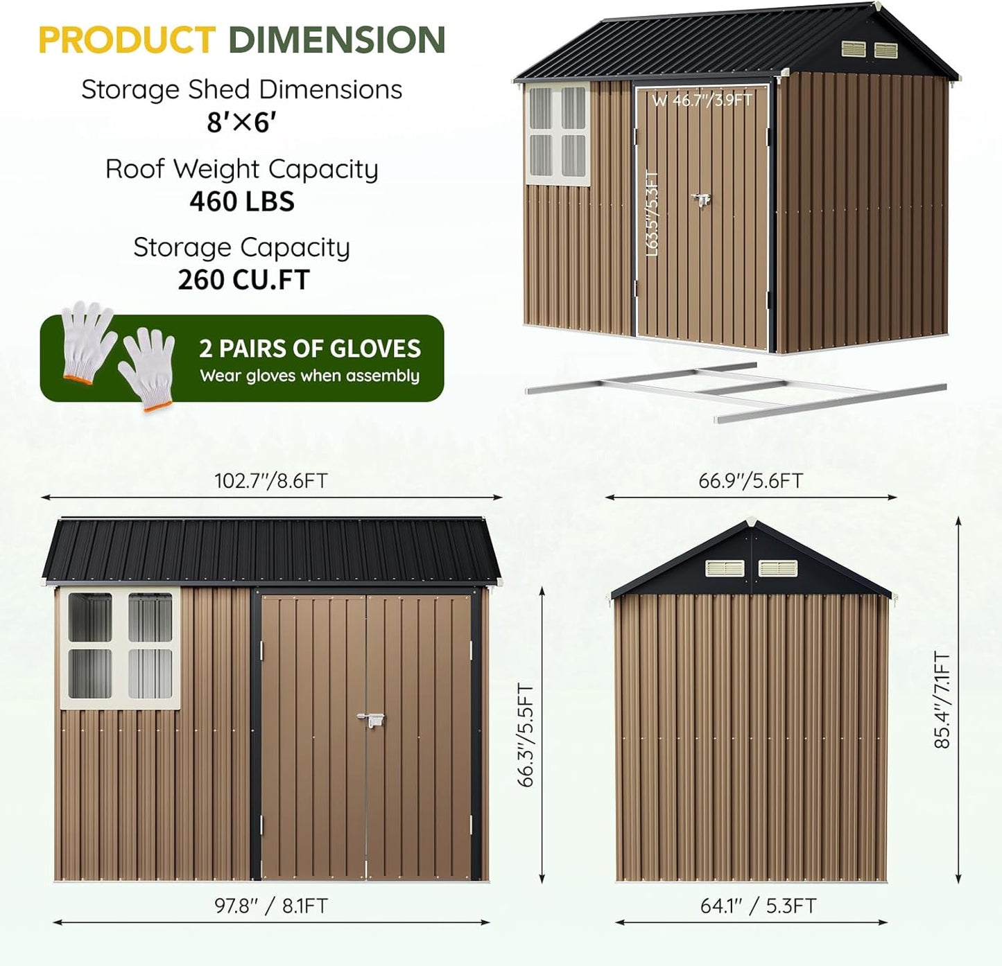 Breezz 6X8FT Outdoor Steel Storage Shed with Frame Floor,Clear Window, Lockable Doors, Weather-Resistant Metal Tool Shed for Garden, Backyard, Patio, and Utility Storage Brown
