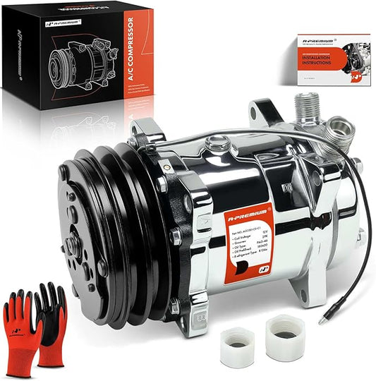 A-Premium Fit for Sanden 508 2PK Style, Universal A/C Compressor with Clutch, 2 Groove V-Belt, Chromed