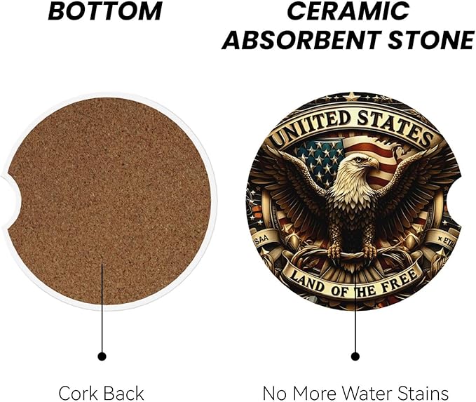 ABLESKY Car Coasters for Cup Holders, 2 Pack Absorbent Anti Slip Car Cup Holder Coasters, 2.56 Inch Ceramic Universal Size Auto Interior Accessories Women Men-Patriotic Bald Eagle USA Flag