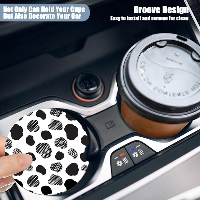 Car Cup Holder Coaster - Black White Cow Skin Absorbent Ceramic Coaster 2 Pack, Car Coasters for Cup Holders, Fashion Car Interior Accessories Drink Coaster for Women & Men