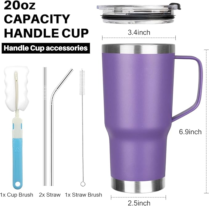 20 oz Tumbler with Handle, Stainless Steel Insulated Tumbler with Lid and Straw, Double Wall Vacuum Insulated Coffee Mug Tumbler, Insulated Coffee Thermal Cup for Cold and Hot（Purple）