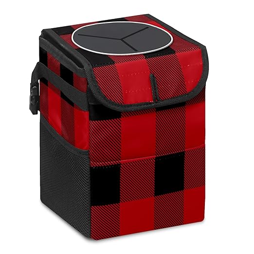 Car Trash Can Black Red Big Buffalo Plaid Classic Auto Garbage Bag Car Trash Can with Lid Leak-Proof Car Storage Bag Garbage Bag Hanging for Headrest Portable Car Backseat Organizer