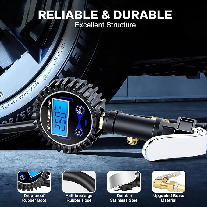 Digital Tire Pressure Gauge with Inflator, 250 PSI Heavy Duty Air Chuck & Compressor Accessories with Quick Connect Coupler and Rubber Hose for Cars, Inflatables