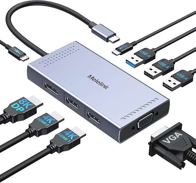 USB C Docking Station Dual HDMI Monitor Adapter, Melelink USB C Hub 3 Monitors with 2X 4K HDMI, 8K Displayport, VGA, 100W PD, USB C&A Ports, 9 in 1 Laptop Docking Station for Dell, HP, Lenovo, etc