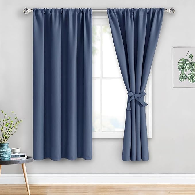 JIUZHEN Blackout Curtains for Bedroom– Thermal Insulated,Noise Reducing Room Darkening Rod Pocket Curtains for Living Room, Set of 2 Panels with Tiebacks, 42 x 63 inch Long, Dusty Blue