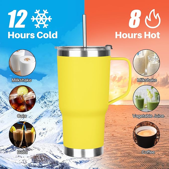 20 oz Stainless Steel Tumbler with Handle, Double Wall Vacuum Insulated Coffee Mug Tumbler with Lid and Straw, Thermal Cup for Cold and Hot (Yellow)