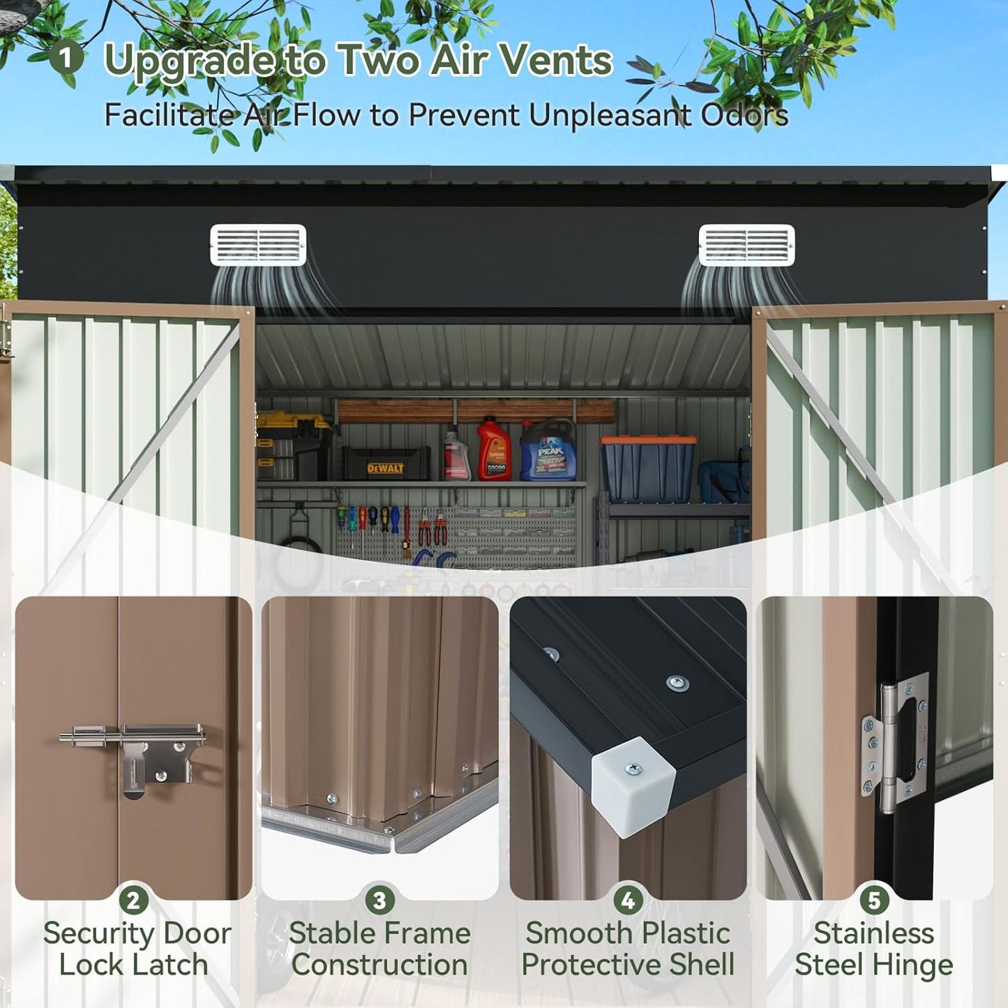 Aoxun 7.5x6 FT Outdoor Shed Metal Storage Shed with Single Slooping Roof Lockable Door Steel Utility Tool Shed Outdoor Waterproof Shed Garden Shed for Backyard Garden Patio Lawn, Brown