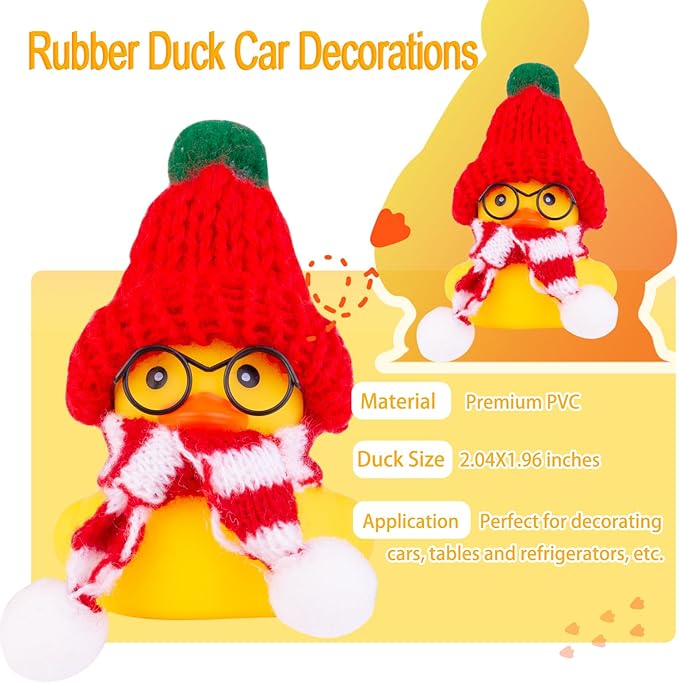 Christmas Rubber Ducks Toys Car Ornaments Yellow Duck Car Dashboard Decorations with Mini Beanie Hat Scarf and Sunglasses for Winner Home Christmas Decor, 2 Inches(E2)