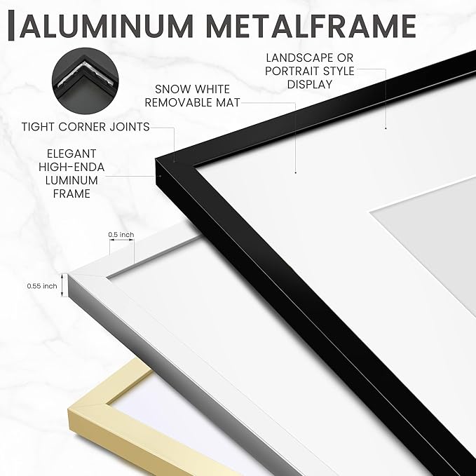 Heimlove 16x16 inch Black Square Picture Frame, 16x16 Aluminum Photo Frame, Standard Square Versatile Wall Display Frames Photo Frames For 12x12 with Mat, Wall Hook Included - (Set of 1 - Black)