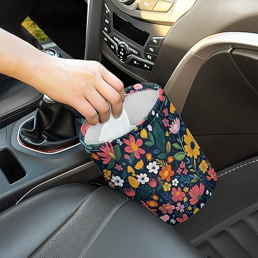 Colorful Flowers Car Garbage Trash Can Collapsible Trash Rubbish Bin Basket Bag Portable Cup Holder Organizer with Strap Universal Storage Bag Box for Front Seat, Back Seat, Floor, Headrest