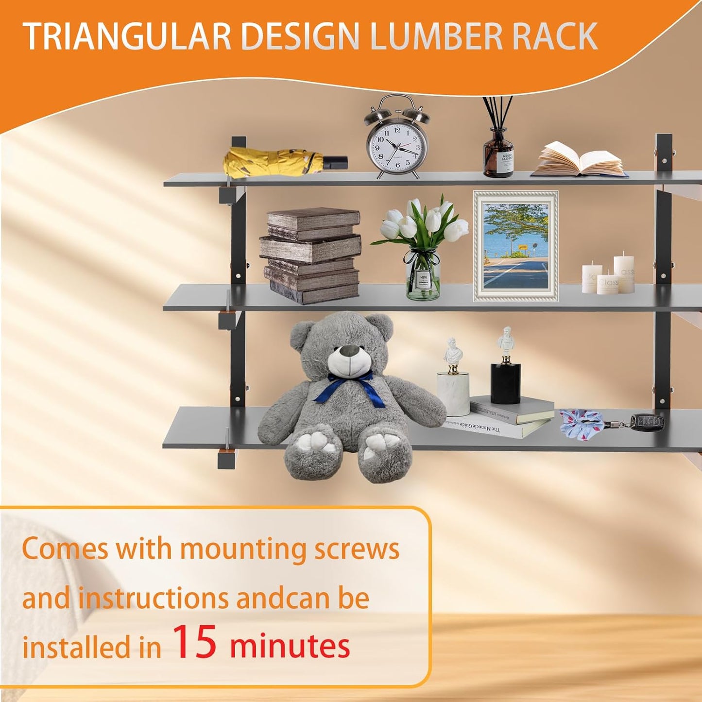 Lumber Rack Wall Mount, Heavy Duty Wood Storage Racks, 3-Level System Garage Shelving, 380 Lbs Capacity Organizer Shelves, Folding Orange Brackets, 2 Pack Hanging Metal Shelf for Indoor and Outdoor