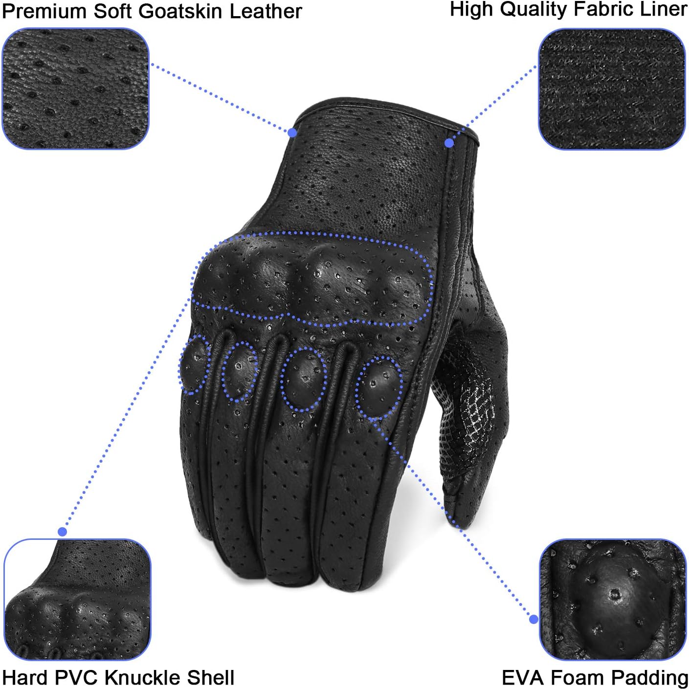 Updated Men’s Motorcycle Gloves Goatskin Leather Anti-Slip Street Bike Gloves with Two Touchscreen Fingers (Updated,Perforated, M)