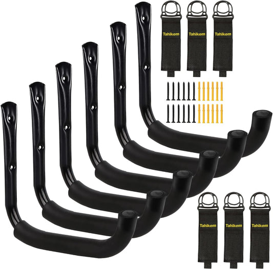 6 Set Garage Wall Mounts, 9 Large Wall J Hooks, Black - Heavy Duty Extension Cord Hangers for Ladders, Mowers, Cables
