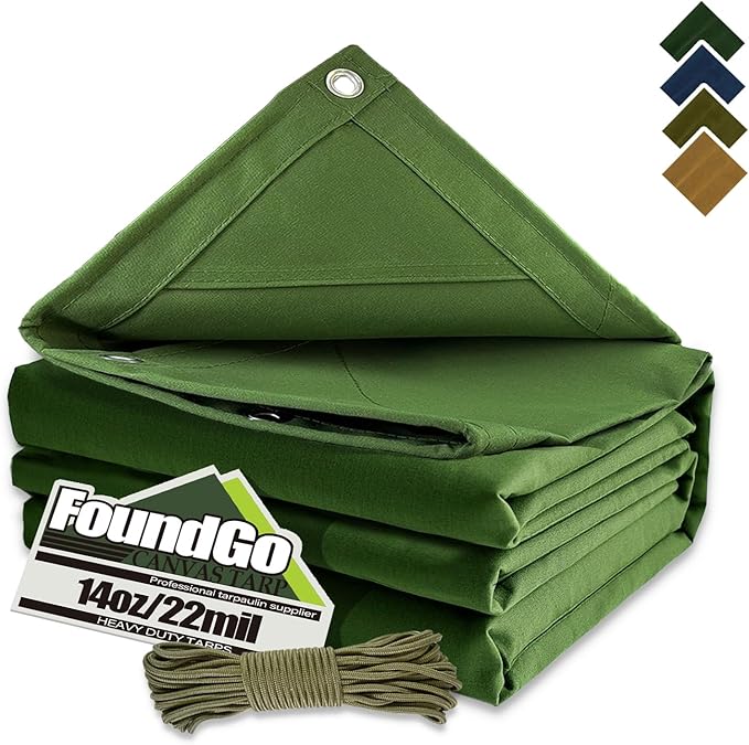 FoundGo Canvas Tarp 16x26 ft Heavy Duty Waterresistant Tarps with Grommets, UV Resistant, 22 Mil Tarpaulin,14 oz Durable Cloth Covers for Car, Roof, Boat, Camp, Canopy, Woodpile with Ropes-Green