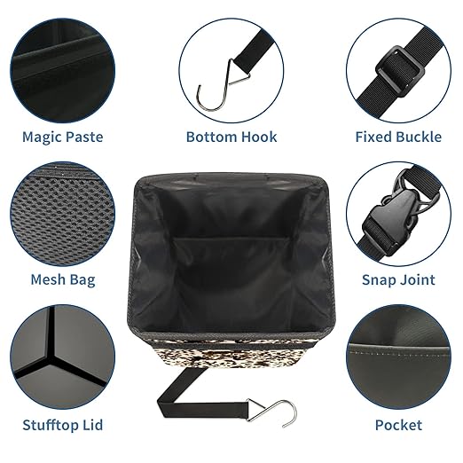 Brown Western Cow Print Car Trash Can with Lid - Collapsible Reusable Waterproof Automotive Garbage Can