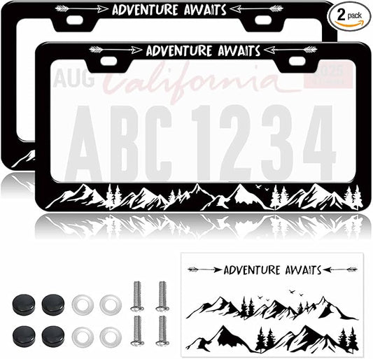 2pcs Black White Mountain License Plate Frame for Women, Forest Mountain Landscape car tag Frames Girly for Vehicle with Non Adhesive Electrostatic Sticker
