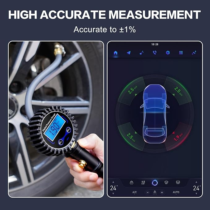 Digital Tire Pressure Gauge with Inflator, 250 PSI Heavy Duty Air Chuck & Compressor Accessories with Quick Connect Coupler and Rubber Hose for Cars, Inflatables