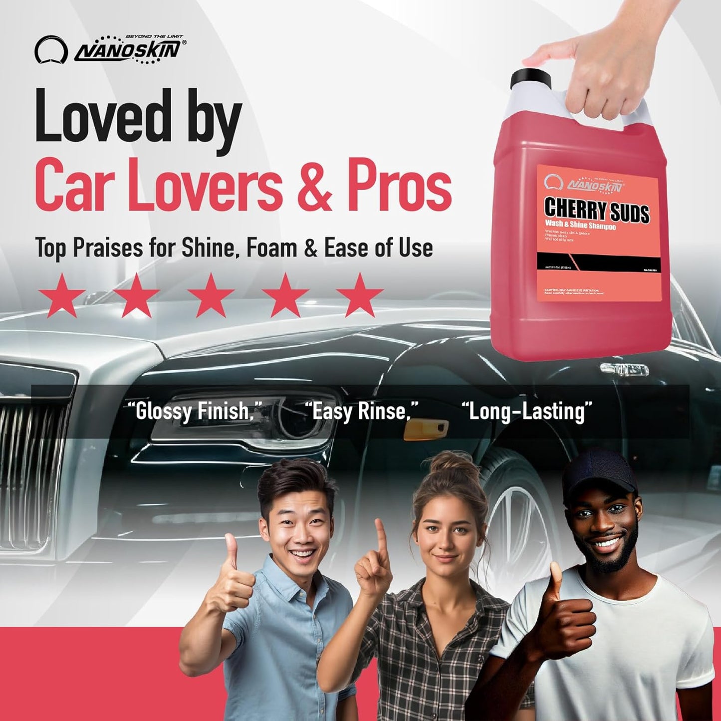 Nanoskin CHERRY SUDS Foaming Car Wash Concentrated Shampoo 5 Gallons for Foam Cannons, Foam Guns, Bucket Washes | Pressure Washer Safe, Cherry-Scented Soap | Ideal for Cars, Trucks, Motorcycles, RVs