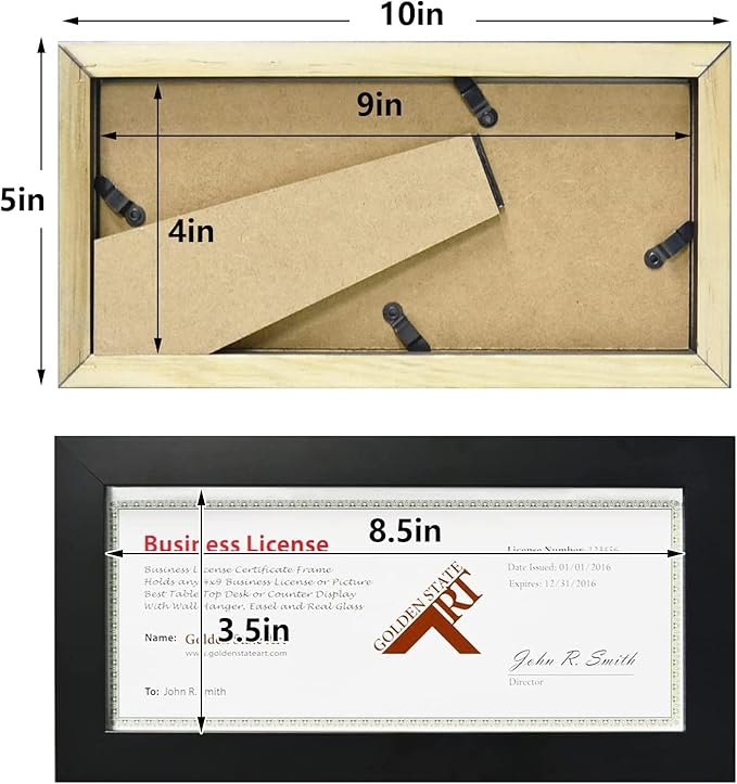 Golden State Art, Wood Frame for 4x9 Business License Certificate with Real Glass & Table-Top Display, Black, 10 Pack