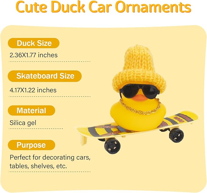 wonuu Car Duck Ornament Rubber Duck Car Dashboard Decoration for Car Dashboard Decoration Accessories with Mini Hat, Necklace, Sunglasses, Chair or Skateboard