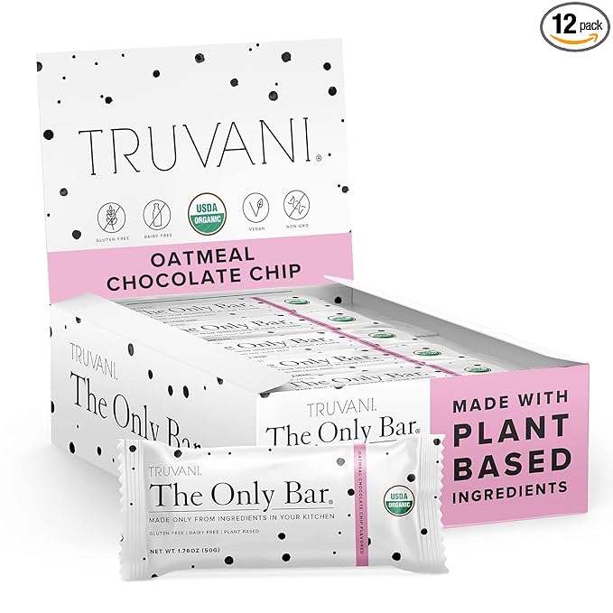 Truvani Plant Based Snack Bars | Oatmeal Chocolate Chip 12 Pack | 6g Protein | USDA Organic and Vegan | The Only Bar | Dairy, Soy, and Gluten Free | Individually Wrapped