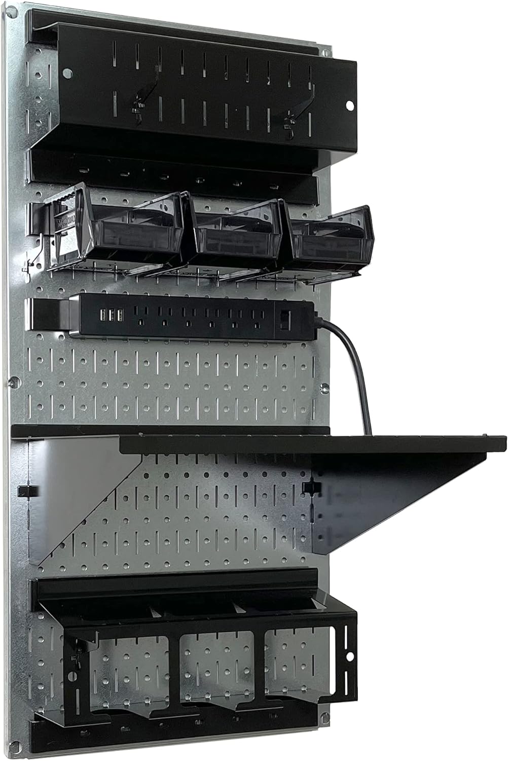 Wall Control Power Tool Storage Organizer Kit Cordless Drill Holder Charging Station Rack 16” x 32” Metal Pegboard Organization System (Metallic Pegboard)