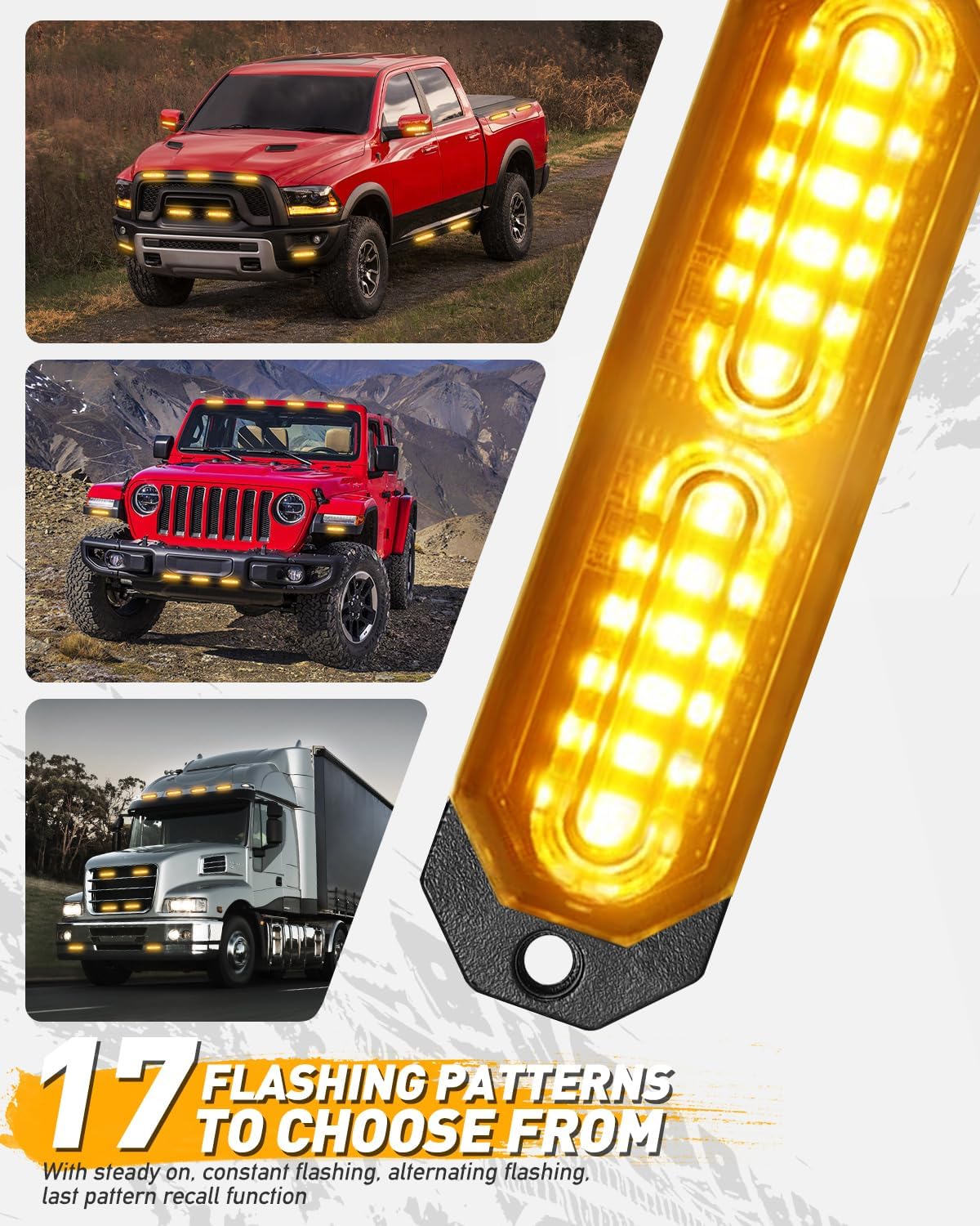 HLauto 1200T Emergency Strobe Grille Lights: 8pcs 12 LED Sync Feature Safety Warning Flashing Lights, Ultra Slim Surface Mount Hazard Caution Lights for Trucks, Vehicles, Car, ATV, UTV (Amber)