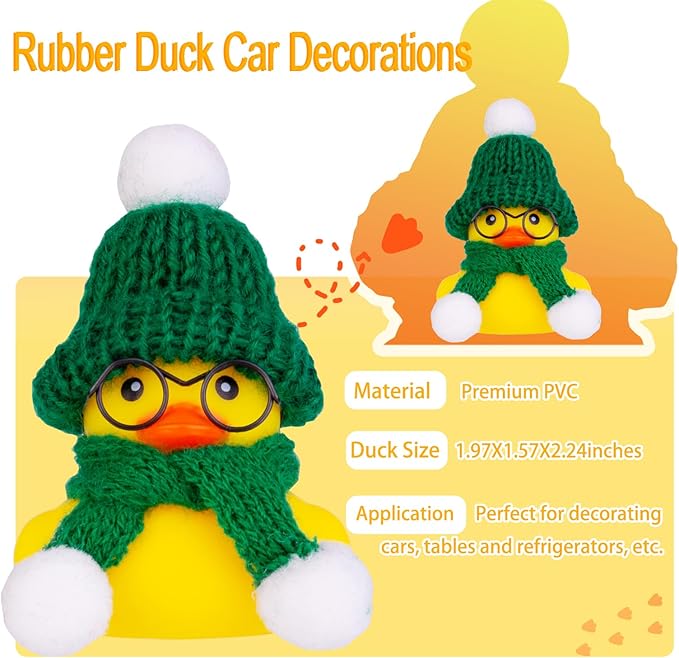 Car Rubber Duck Ornament Winter Duck Car Dashboard Decoration with Mini Beanie Hat Glasses and Scarf (E6)