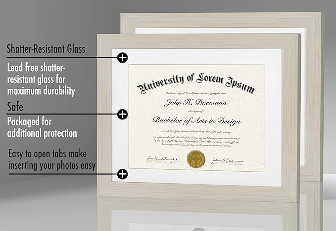 Americanflat 11x14 Diploma Frame with Shatter-Resistant Glass - Set of 2 - Use as 8.5x11 Frame with Mat or Display 11x14 Documents Without Mat - Legacy Collection - Certificate Frames - Light Wood