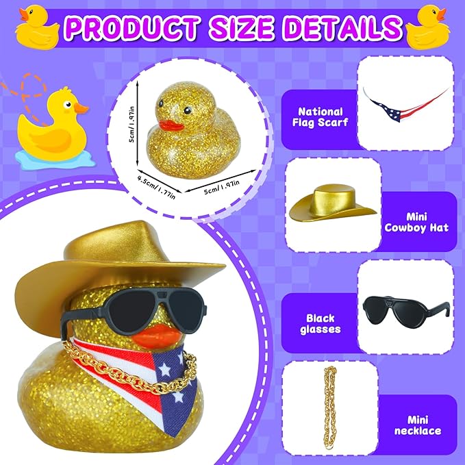 Cowboy Rubber Duck with Golden Hat, Sunglasses, Bandana & Necklace - Glitter Car Dashboard Decoration for Adults, Fun Stress Relief Gift with Adhesive Pads