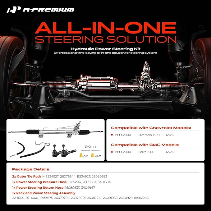 A-Premium Power Steering Rack and Pinion & Outer Tie Rod End & Power Steering Hose Pressure Line Return Line Kit Compatible with Chevrolet Silverado 1500 & GMC Sierra 1500, 1999 2000, RWD Only