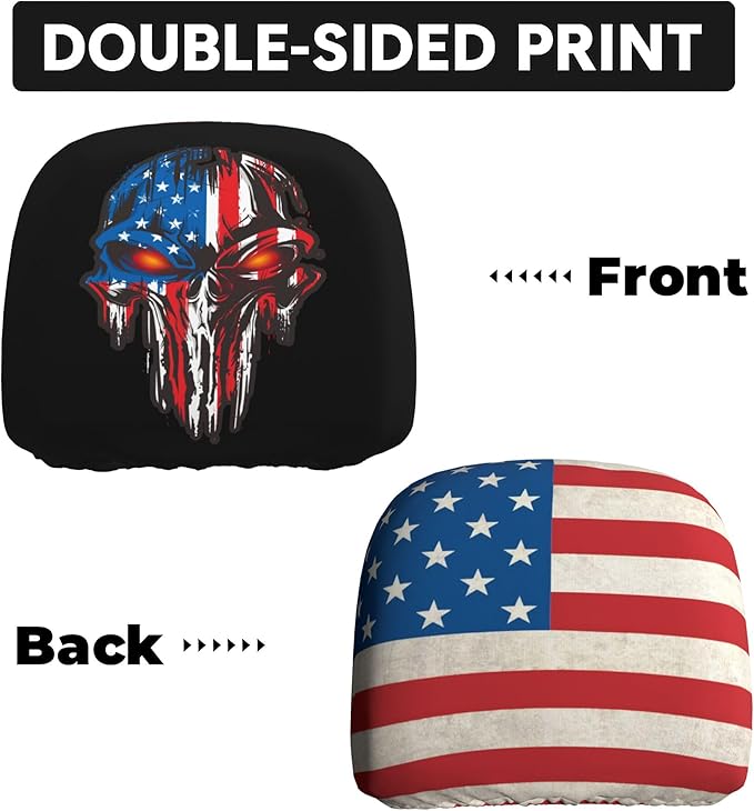 American Flag Skull Car Headrest Covers 2 Pack – Double-Sided Patriotic Skull & USA Flag Design – Universal Fit Stretch Seat Headrest Protector for Cars, SUVs, Trucks