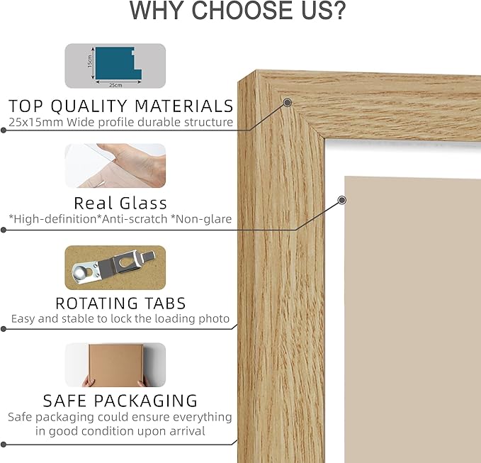 11x14 Picture Frame Set of 4, Made of Glass and Natural Oak Wooden Frame, Display 8x10 Pictures with Mat or 11 x 14 Posters without Mat for Wall Mounting, Gallery Photo Frames