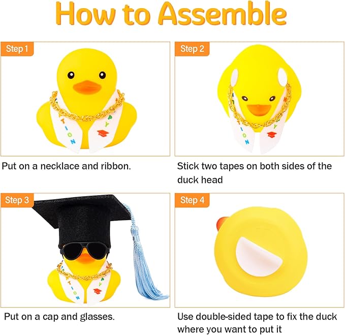 wonuu Graduation Stole Rubber Ducks, Dashboard Decorations Duck for Car Ornament Accessories with Hat Sunglasses Sash Chain (Yellow)