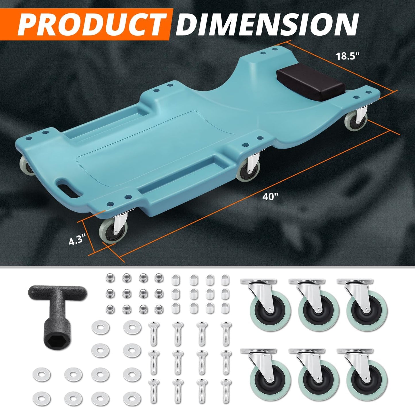 DNA MOTORING 40" L X 19" W Vehicle Repair Low Profile Plastic Rolling Garage Shop Creeper with Padded Headrest,Tool Trays & 6pcs Casters, Tiffany Blue, TOOLS-00217-TB