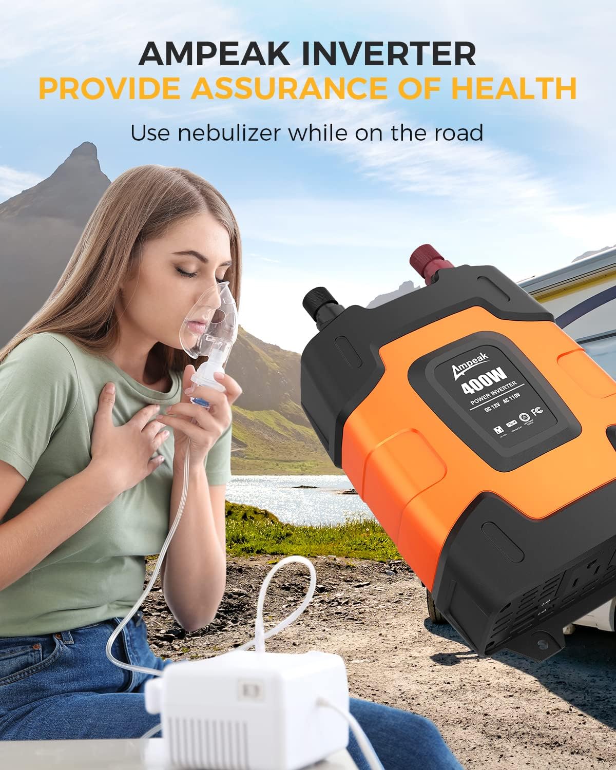 Ampeak 400W Power Inverter 4.8A Dual USB Ports 2 AC Outlets Car Inverter DC 12V to AC 110V 11 Protections for Devices