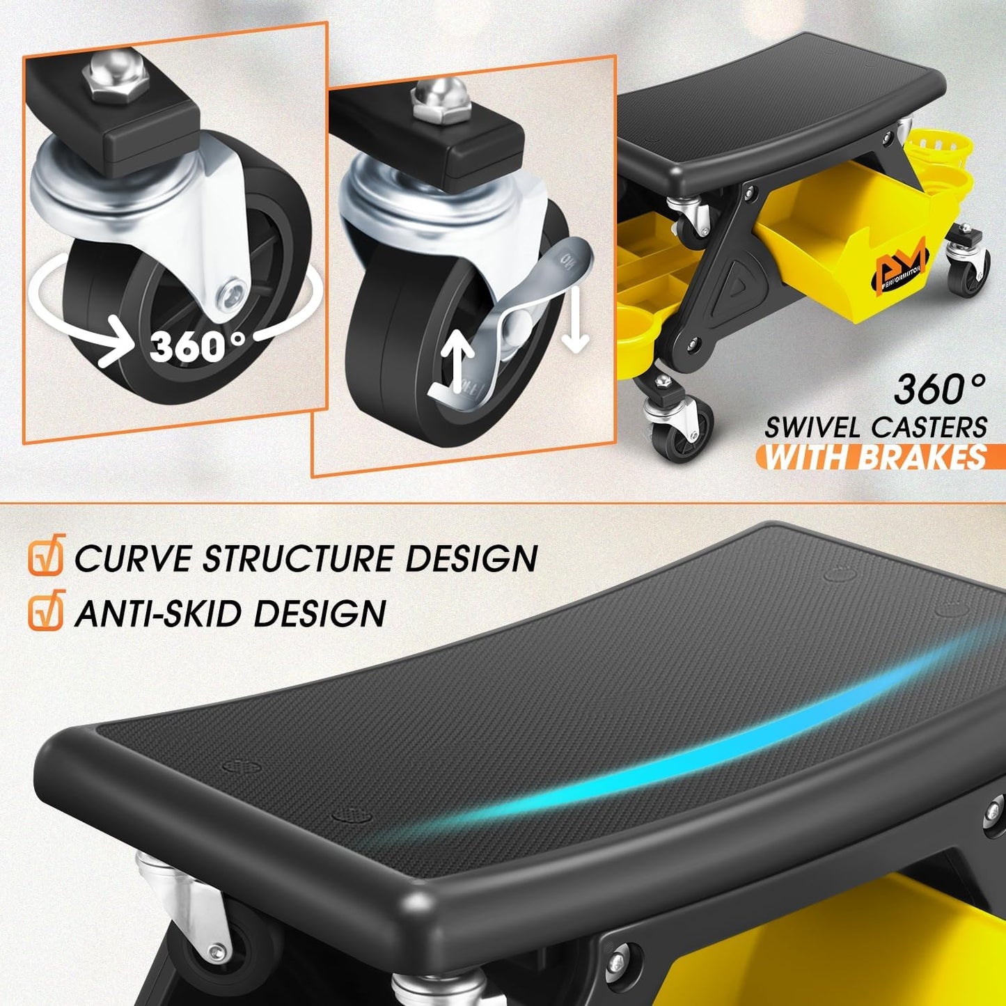PM PERFORMOTOR Mechanic Stool - 25-1/2" x 13" x 12" (L x H x W), Rolling Work Seat w/Lockable Swivel Wheels and Storage Tool Tray, Yellow,PM-TOL-CRS-YL