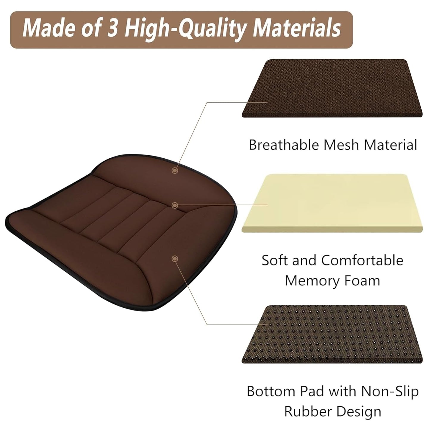 MYFAMIREA Car Seat Cushion Pad 1.2" Thick Comfort Protector for Car Driver Seat Office Chair Home Use Memory Foam Cushion with Non Slip Bottom, 20'' x 18.5'', Coffee