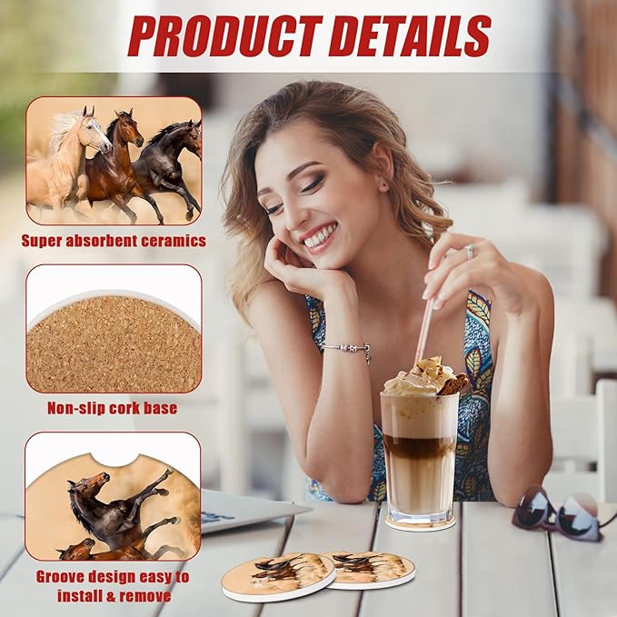 Running Horse Car Coasters for Cup Holders, Absorbent Ceramic Car Coaster Car Cup Holder Coaster Car Accessories for Women Men (2 Pack)